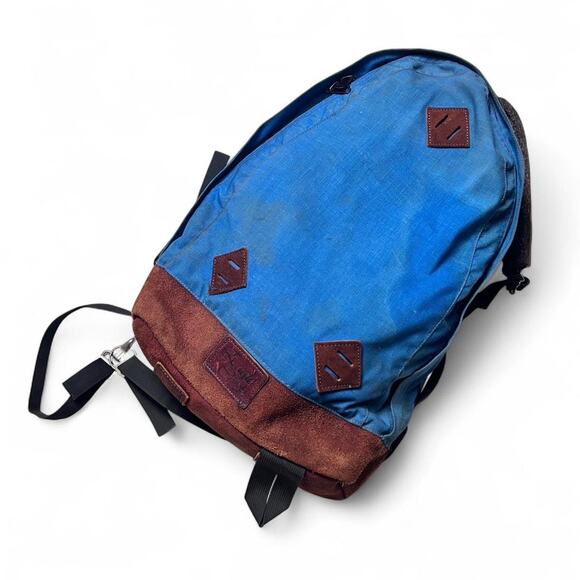 Eagle Creek Vintage 70s Leather Suede Bottom Blue Nylon Backpack Hiking Bag - Picture 1 of 8
